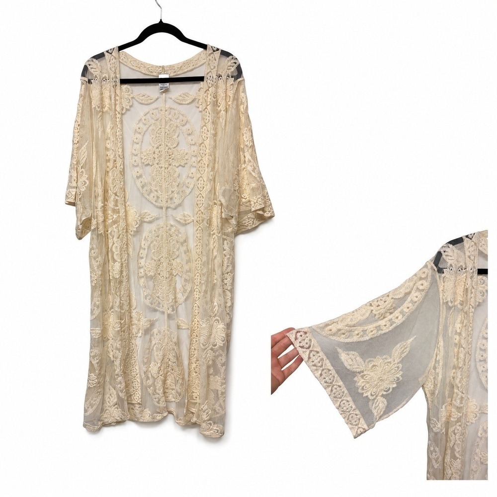 Open Crochet Mesh‎ Lace Floral Duster Kimono Boho Country Cottagecore Cream L/XL